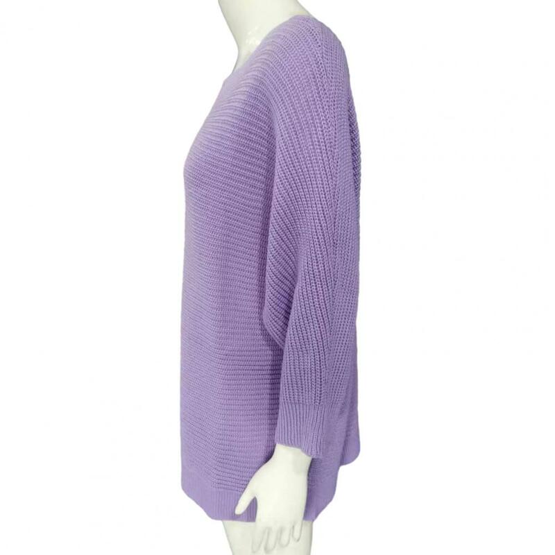 Suéter feminino com gola redonda, malha elegante, pulôver solto, tops com mangas 3/4, monocromático, casual, outono, inverno