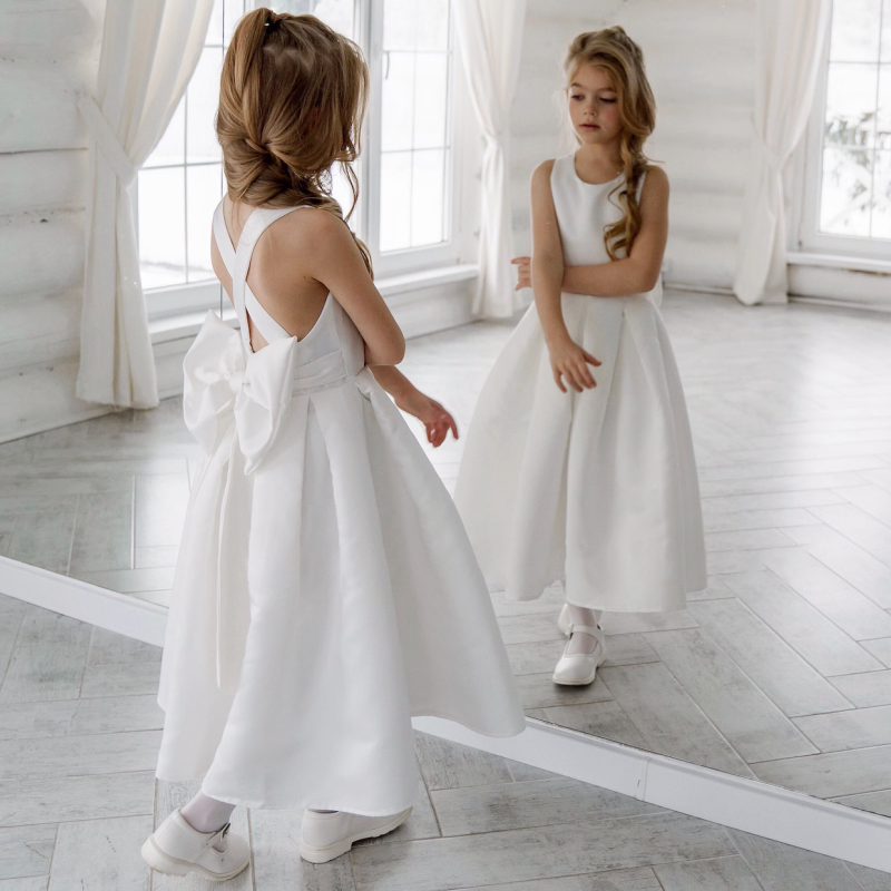 Платье атласное однотонное с бантом для девочек, белое платье для свадьбы, дня рождения, банкета, первого причастия