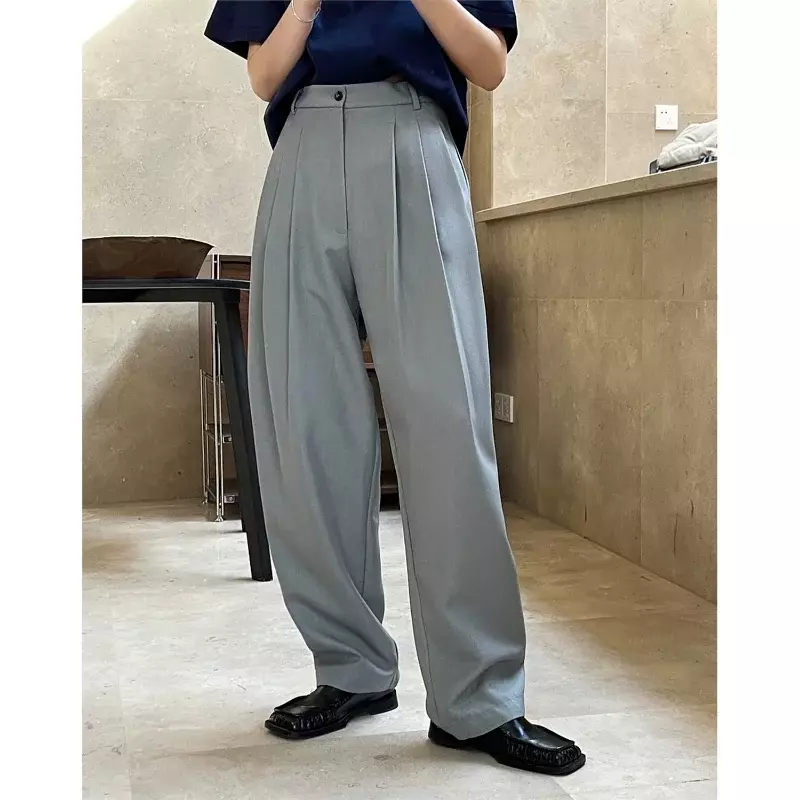 Celana panjang kasual model Korea untuk wanita, celana panjang Tirus kaki lebar, celana panjang kasual modis Korea pinggang tinggi longgar, celana abu-abu OL