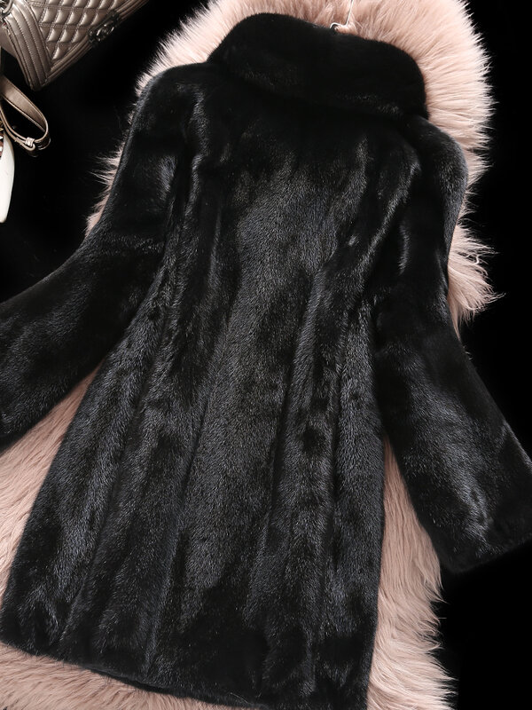 Seção longa importado vison preto casaco feminino gola 2023 novo casaco de pele de vison manga de sete pontos md7294