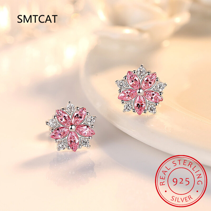 Squisiti orecchini a bottone in Moissanite Color D per le donne 100% gioielli in argento Sterling 925 con diamanti bianchi e fiori rosa