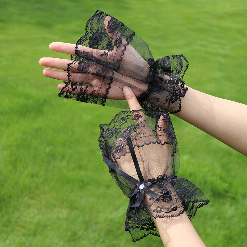 Sarung tangan renda Retro dan gelang Lolita renda busur gaun pernikahan aksesori mengambil foto lengan tangan wanita perlindungan matahari