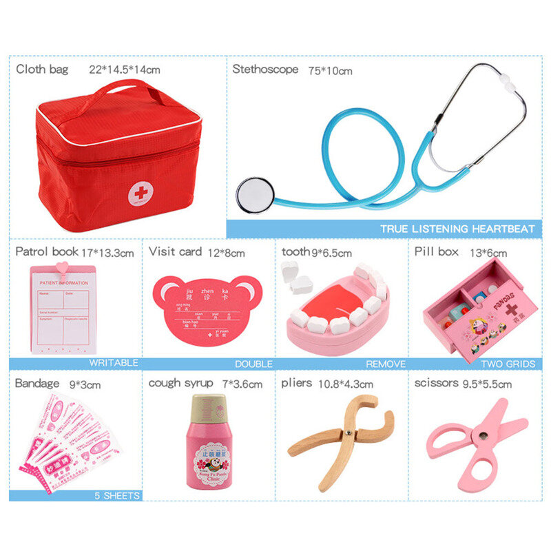 Zabawki do zabawy w lekarza zestaw dla dzieci dzieci drewniane udawaj zagraj w zestaw gry dla dziewczynek chłopcy czerwony dentysta medyczny apteczka torby materiałowe
