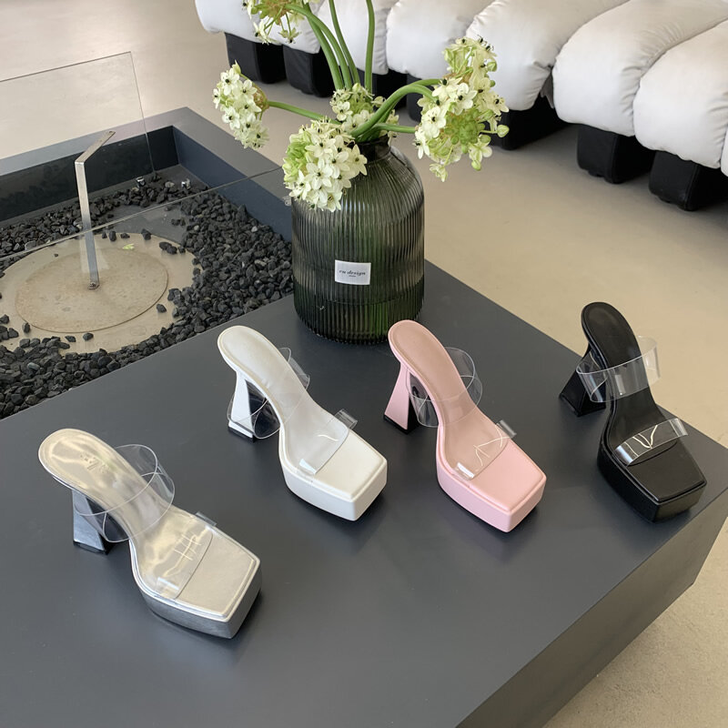 2024 Vierkante Neus Schoenen Mode Vrouwen Hoge Hak Slippers Comfortabele Chunky Hak Kristallen Dia 'S Platform Moderne Sandalen Voor Vrouwen