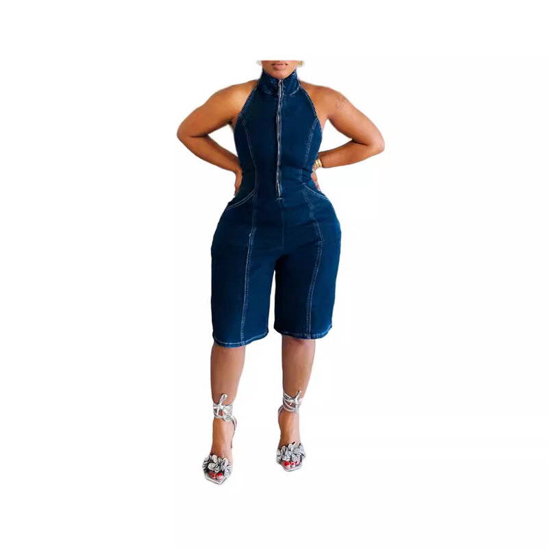 Hanging neck jumpsuit, elastic jumpsuit with zipper, new, hot sale in Europe and America