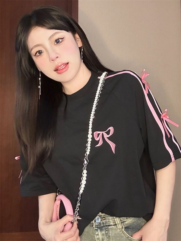 Camiseta de manga corta de algodón puro con lazo tridimensional para mujer, top versátil informal bordado, estilo coreano, nuevo nicho, Verano