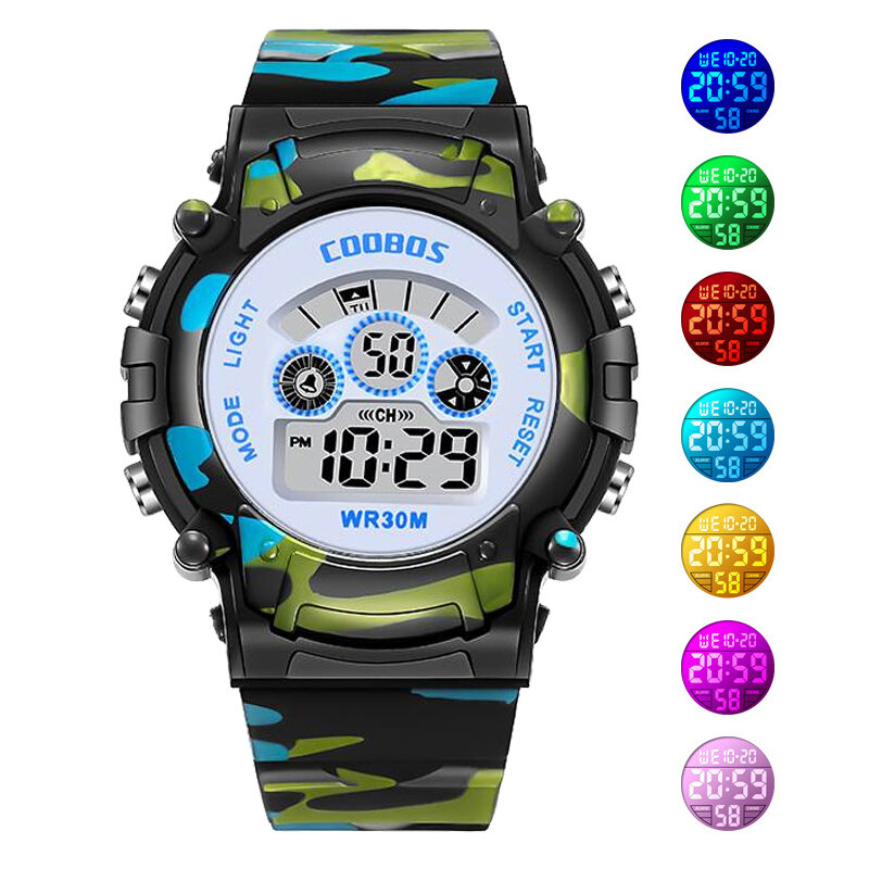 밀리터리 스포츠 어린이용 시계, 컬러풀한 백라이트 LED 디지털 시계, 야광 방수 전자 시계, 남아 및 여아용