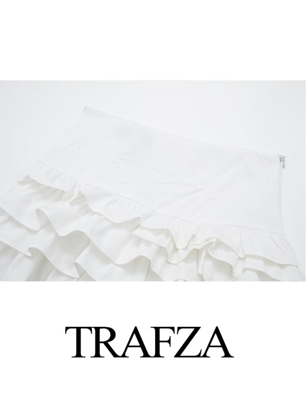 TRAFZA-minifalda de cintura alta con volantes para mujer, falda ajustada con pliegues y cremallera, color blanco, Estilo Vintage, elegante, Y2K, 2024