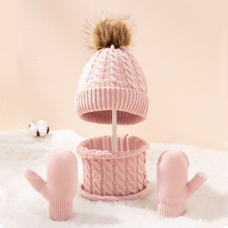 Children Winter Warm Suits Knitted Hat Scarf and Gloves Set For Girls Boy Pompoms Baby Beanies Cap Christmas Gifts For Kids