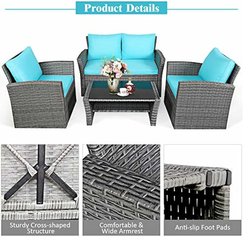 4 Pieces Patio Furniture Set, All Weather Outdoor Sectional Rattan Sofa Set with Cushions & Tempered Glass Table (Turquoise)