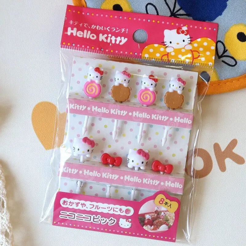 Letrero de plástico de Hello Kitty Sanrio Things para niños, 10 piezas, tenedor de fruta bonito, tenedores para aperitivos, suministros para festivales Kawaii