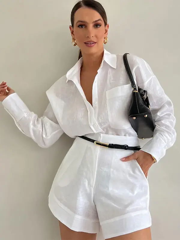 Fashion Button Pockets Short Pant Women's Sets Elegant Lapel Long Sleeves 2 Pieces Outfit 2024 Vacation New In Matching Sets
