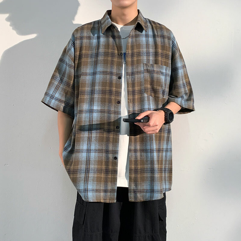 Camicia a maniche corte da uomo nuova estate Hong Kong camicia a maniche corte scozzese allentata a vento