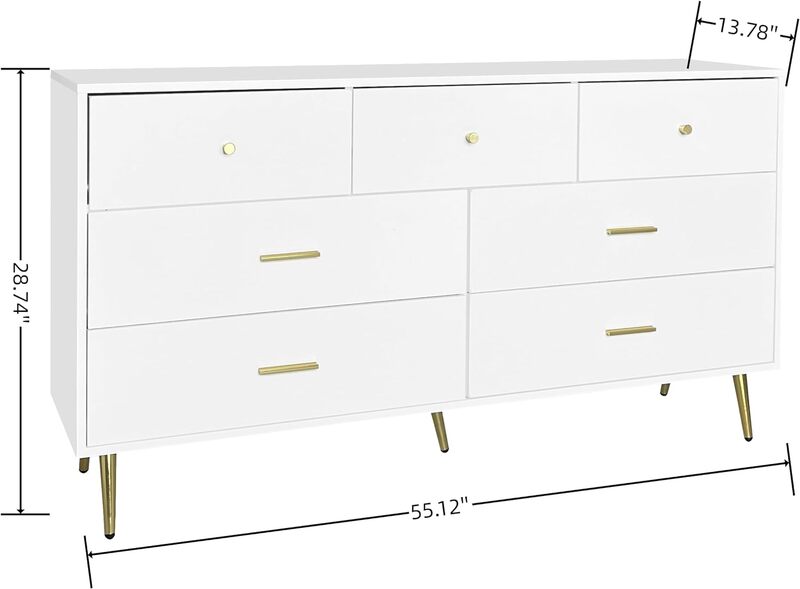 YUHOME Seven Large Chest of Drawer Cabinet Handle and Golden Legs White Color