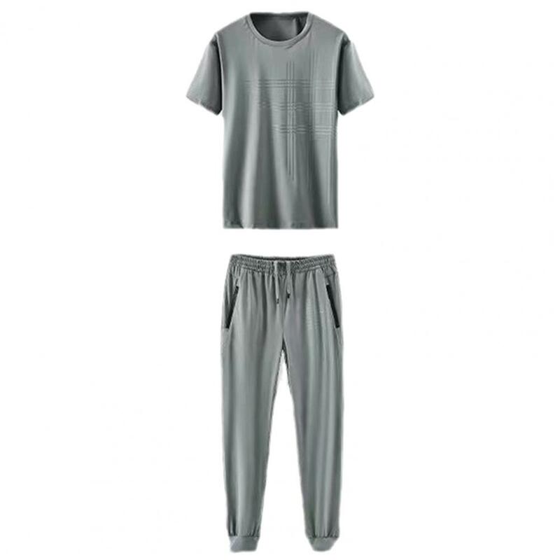Solid Color Suit Men's Casual Sports Suit Set with Short Sleeve T-shirt Elastic Waist Trouser Line Print Tracksuit for Home