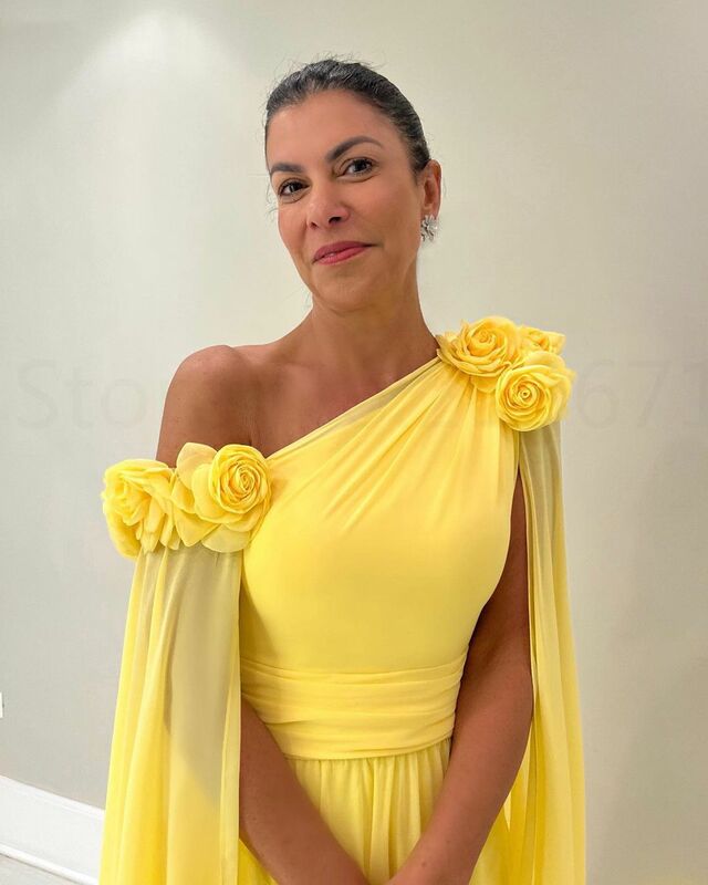 Gaun ibu dari pengantin wanita, gaun sifon kuning 2024 dengan bunga, Gaun A-line panjang elegan, gaun Prom pesta malam wanita untuk pesta pernikahan