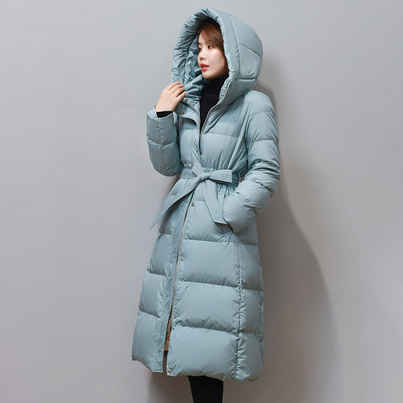 Manteau en duvet de canard à capuche pour femme avec ceinture, coupe couvertes, mi-long, parkas épaissi, blanc chaud, mode coréenne, hiver, 2023