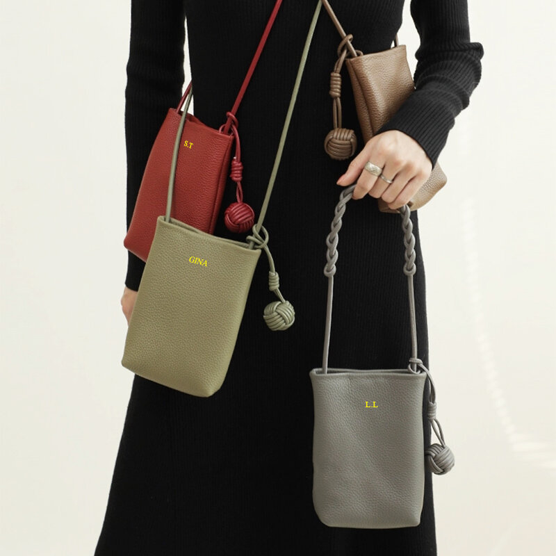 Design de luxo Bolsa de telefone transversal para mulheres, couro genuíno, bolsa de ombro, iniciais personalizadas, bolsas casuais para senhoras, bolsa de moda