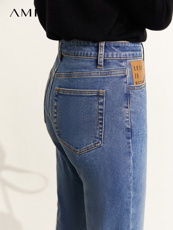 AMII Minimalismus Jeans Frauen Herbst 2022 Neue Baumwolle Warme Leder Dekoration Beiläufige Stilvolle Dünne Denim Hosen mit Tasche 12241174