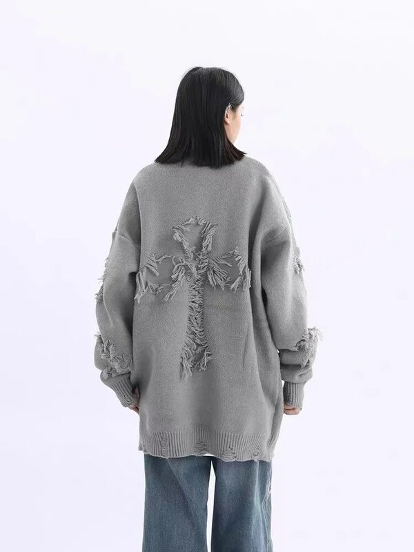 男性と女性のためのゆったりとした長袖セーター,用途の広いフリンジ付きセーター,新しいレトロなストリートウェア,y2k,秋,2022