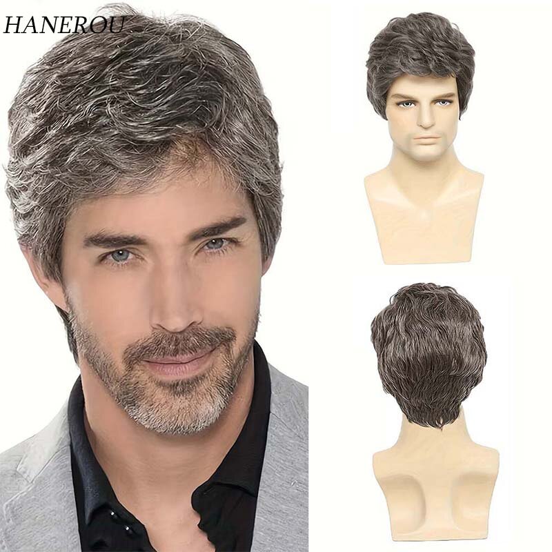 Wig pria rambut pendek sintetis Taupe Wig coklat dengan poni mode potongan rambut pendek Wig Cosplay pria harian
