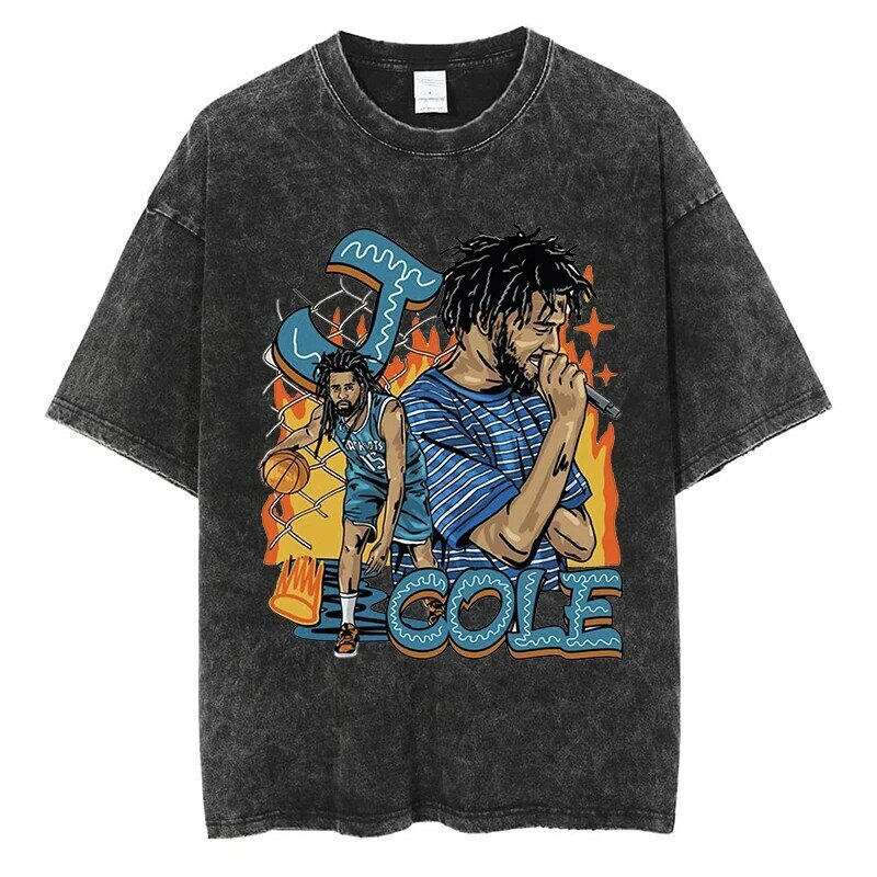 Rapper J COLE Graphic T-shirt Cartoon Burning Earth Print Tshirt Hip Hop Men Women Streetwear Cotton Oversized Short Sleeve Tees