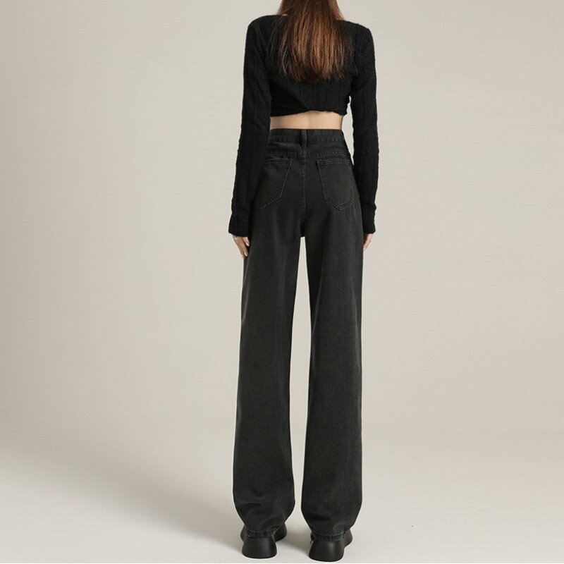 Jeans folgado feminino de cintura alta reta, moda streetwear estilo coreano, vintage casual, simples, para estudantes, primavera