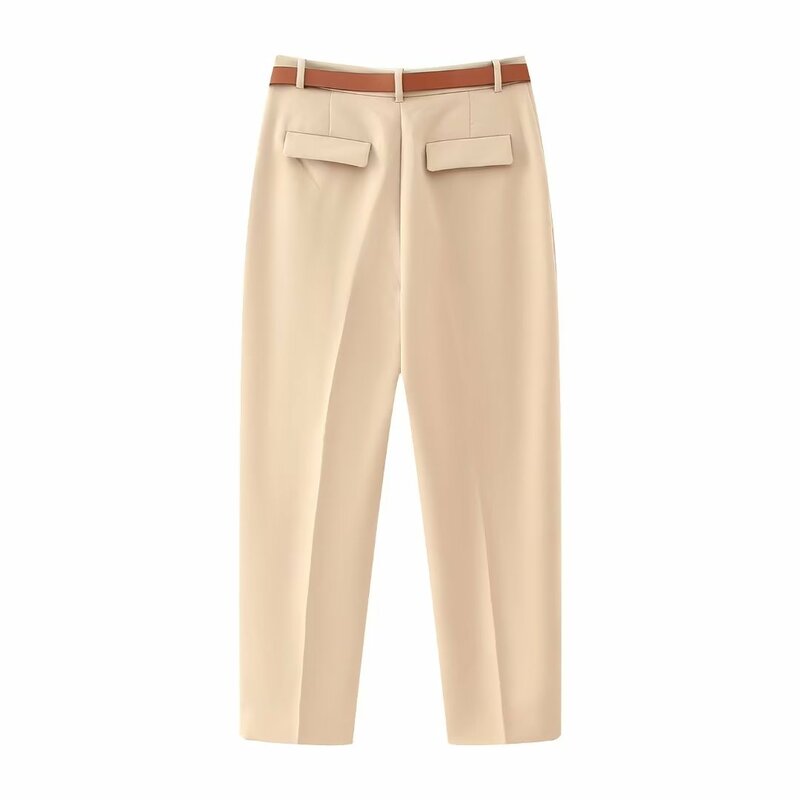 Leggings informales plisados con cinturón para Mujer, pantalones Vintage de cintura alta con bolsillos laterales y cremallera, nueva moda