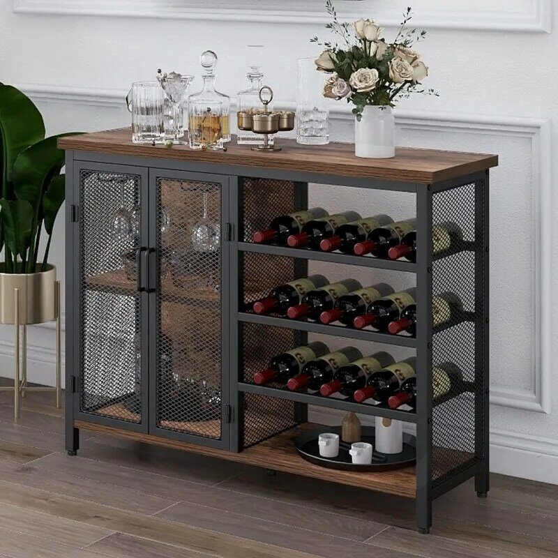 Gabinete de Bar Industrial para licor y vasos, estante de vino independiente de madera y Metal, aparador de mesa de acento, gabinete de Buffet