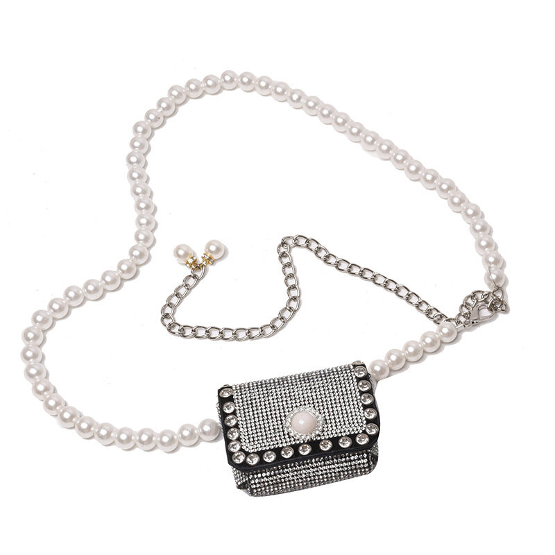 2024 Fashion Pearl Long Chain Crossbody Coin Bags For Women Luxury Designer Rhinestone Mini Square Bag Vintage Lipstick Pouch