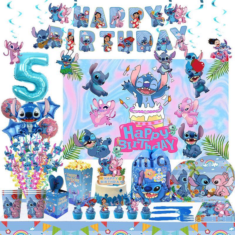Decoraciones de fiesta de cumpleaños de Stitch para niños, globos de látex de papel de aluminio, vajilla desechable, telón de fondo, suministros para Baby Shower