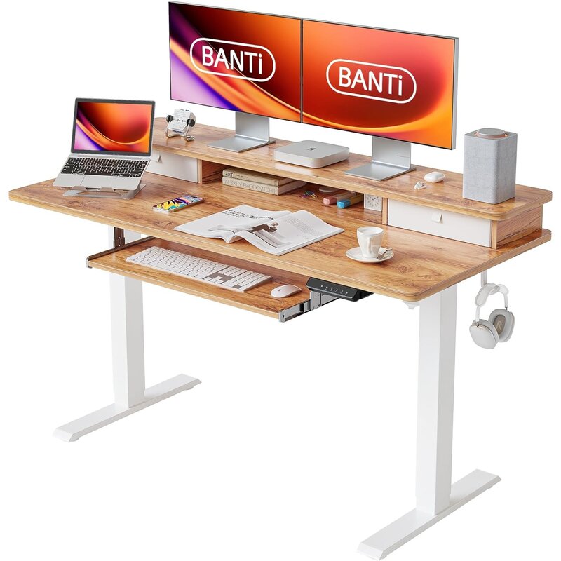 Meja berdiri listrik, tinggi 55 inci dengan baki Keyboard, stasiun kerja komputer meja kantor rumah dengan rak penyimpanan
