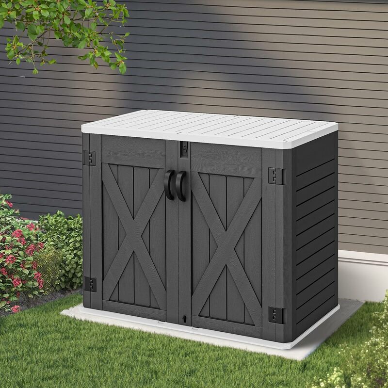 Outdoor Horizontal Storage Shed with X-Shaped Lockable Door, 35Cu Ft Weather Resistant Resin Tool Shed w/o Shelf, Ideal for Bike