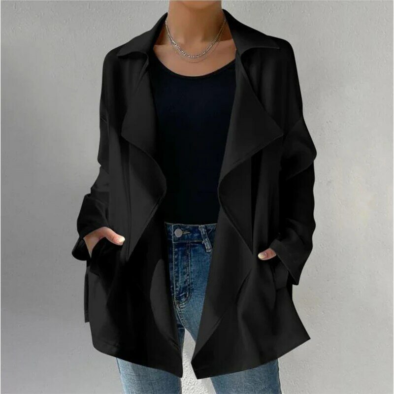 Jaqueta casual solta com gola virada para baixo feminina, cardigã feminino, tops elegantes, casaco de manga comprida, monocromático, outono, inverno, nova moda