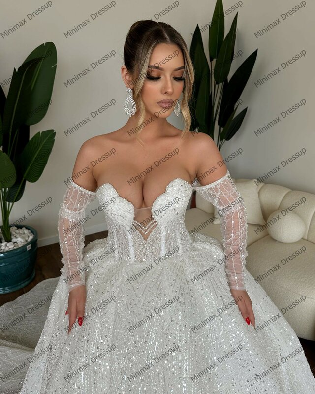Glitzer Perlen Spitze Brautkleider von der Schulter Pailletten Dubai Brautkleid Illusion Kristalle Hochzeits feier Kleider