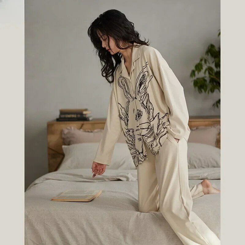여성용 토끼 프린트 잠옷 세트, 용수철 및 가을 한국 귀여운 긴팔 긴바지, 면 캐주얼 잠옷 홈웨어, 신상