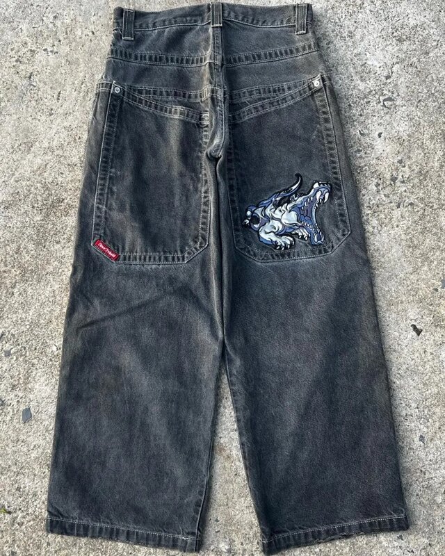 Джинсы с завышенной талией и широкими штанинами Y2k, уличные джинсы для мужчин и женщин, свободные черные джинсы в стиле хип-хоп с мультяшным принтом в стиле ретро