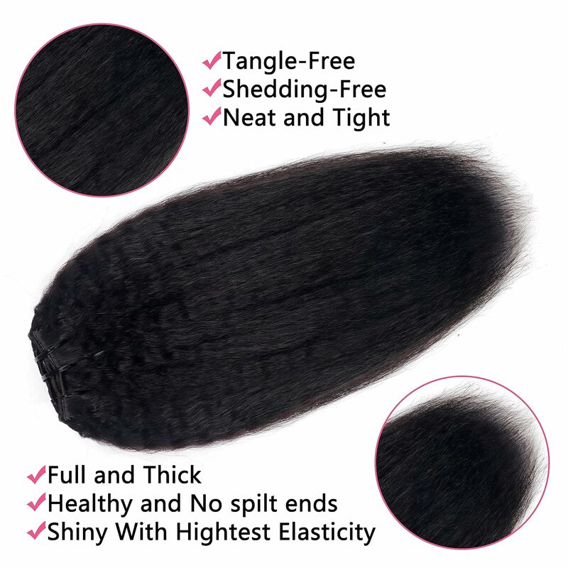 Ekstensi rambut klip lurus Kinky hitam alami rambut manusia asli 120g klip kepala penuh ins klip lurus Kinky mulus pada 1B