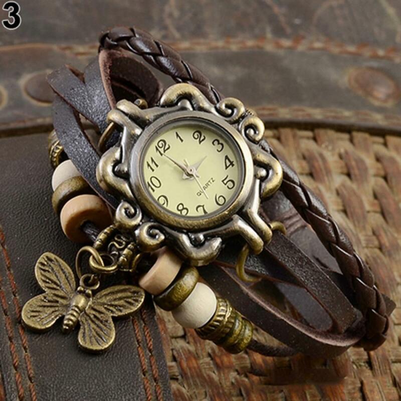 Quartz Horloge Vrouwen Vintage Multilayer Vlinder Faux Leather Weave Armband Vrouwen Polshorloge