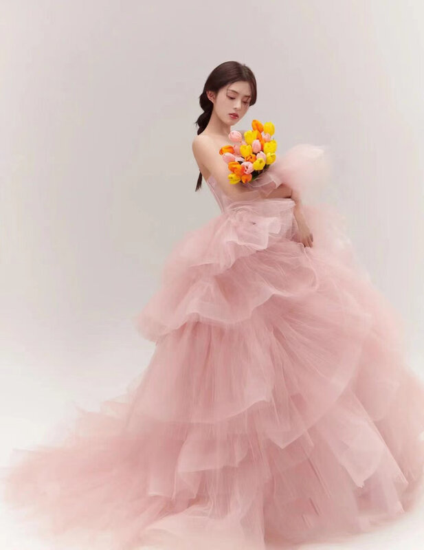Francuska elegancka różowa bajkowa suknia wieczorowa bal urodzinowa seksowna prosta spódnica na studniówkę plisowana siateczka suknia weselna