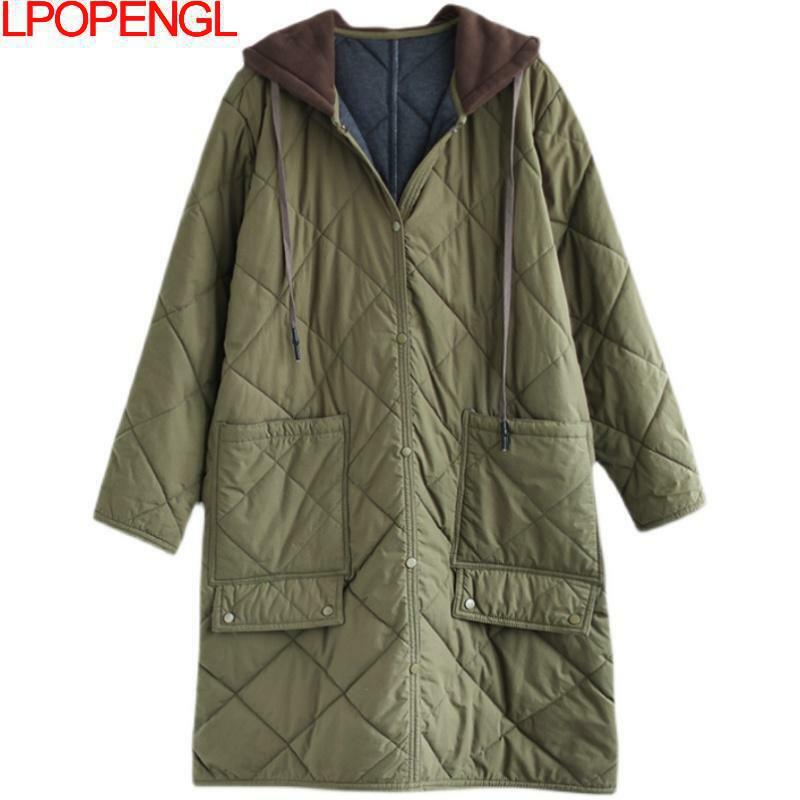 Модная однобортная хлопковая куртка 2023 с широкой талией, женская зимняя новая свободная уличная одежда средней длины со стразами и капюшоном, плотное пальто