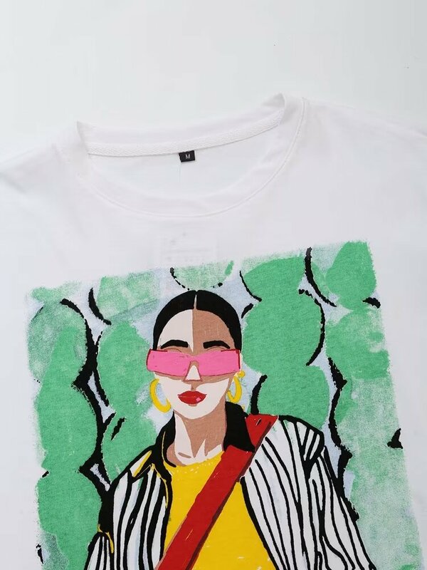Camiseta de manga curta com decote em O feminina, estampa Joker Girl, solta, casual, nova moda, 2024