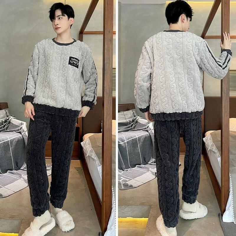 Thickened Homecoat Set Men's Winter Pajamas Set with Round Neck Long Sleeve Thick Twisted Texture Elastic Waist Warm Soft
