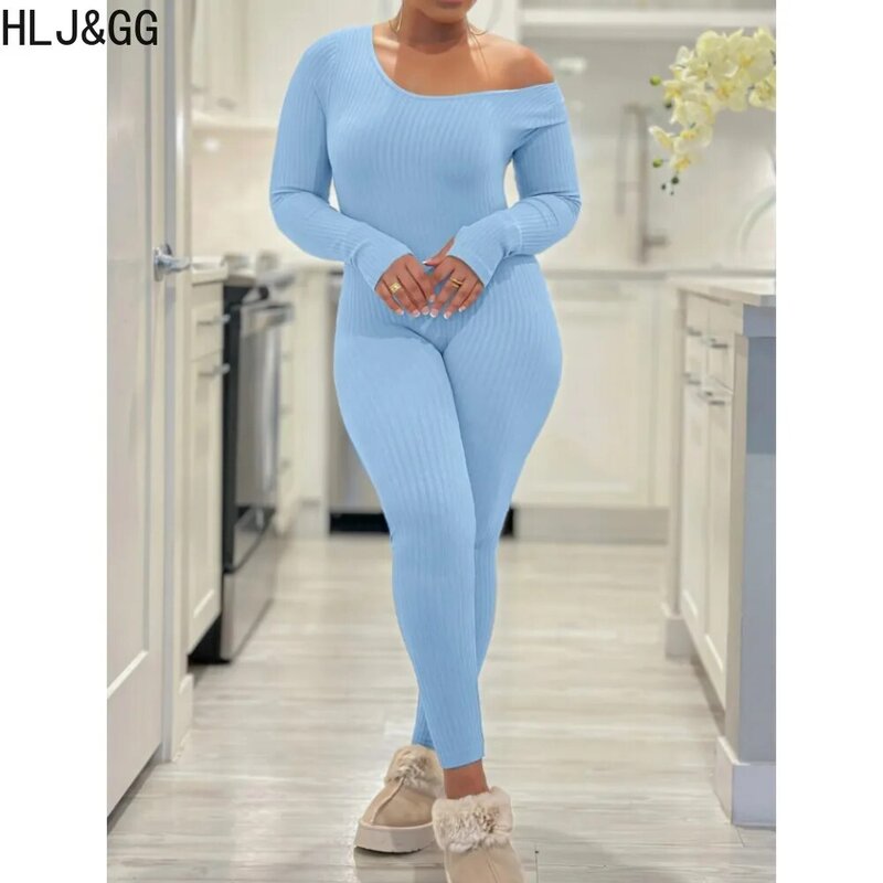 HLJ&GG Autumn Winter Robber Skinny Sporty Jumpsuits Women One Shoulder Long Sleeve Playsuit Female Solid Color Slim Home Overall