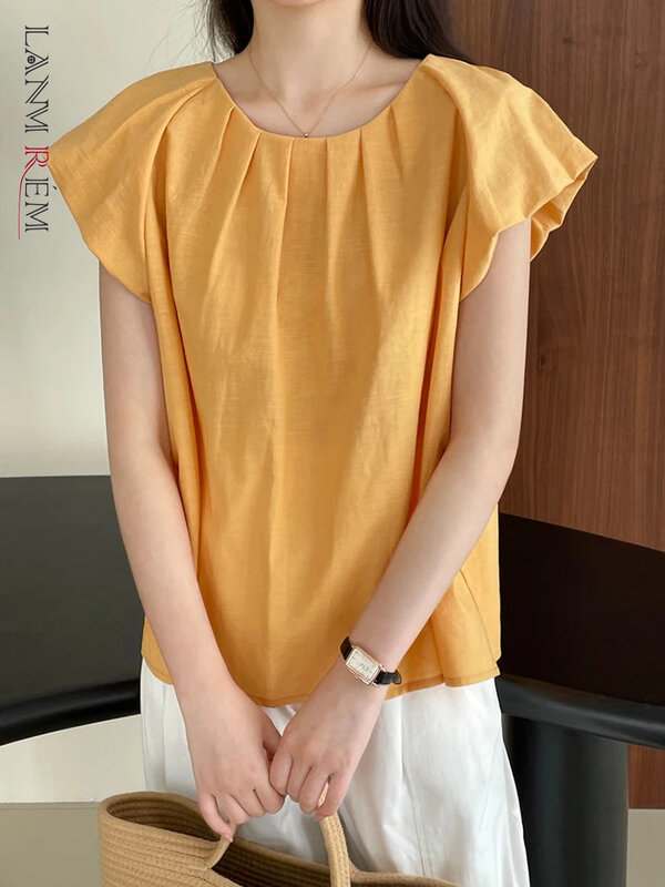 LANMREM blus tanpa lengan untuk wanita, kemeja leher bulat warna polos minimalis Fashion Musim Panas 2024 untuk wanita