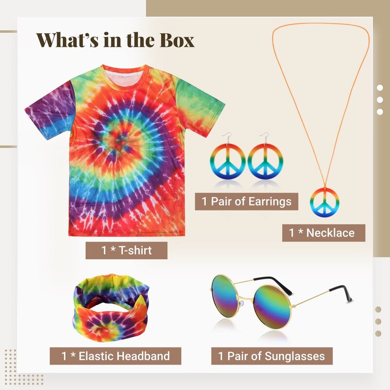 70s Men'S Hippie Costume Outfit Colorful Tie-Dye Print T-Shirt Set With Headband Sunglasses Peace Sign Necklace Colorful Shirts