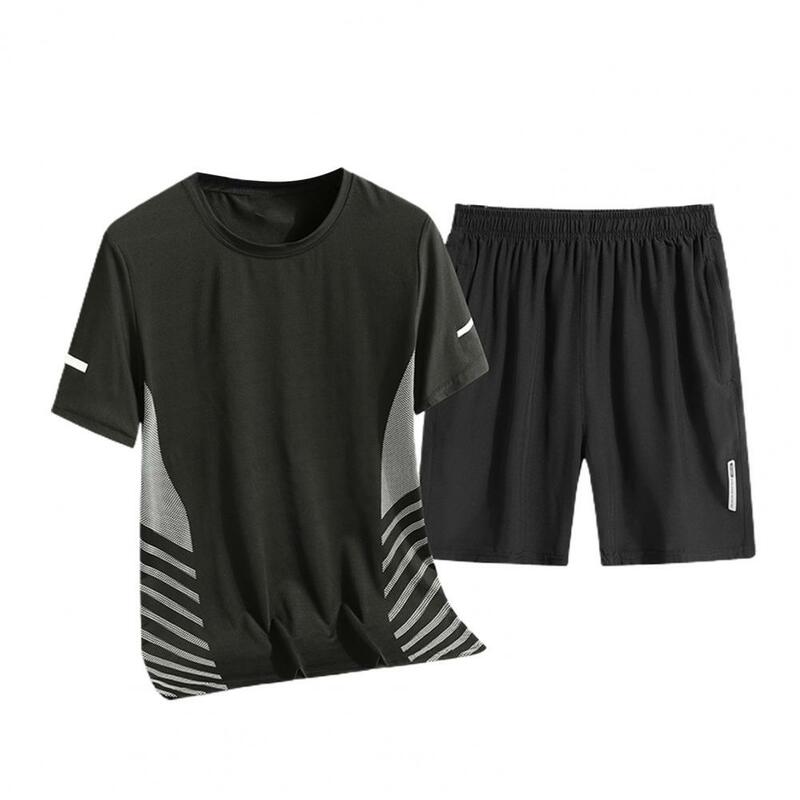남성용 여름 스포츠 복장 인쇄 티셔츠, 신축성 있는 허리 넓은 다리 반바지 세트, 빠른 건조 아이스 실크 농구 복장, 2 개/세트