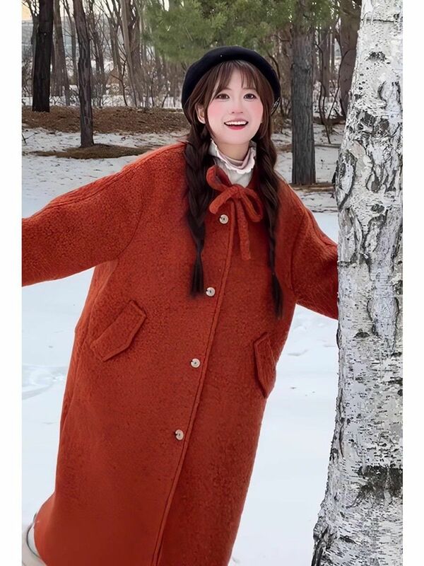 Mantel wol panjang imut, mantel bulu wol panjang warna merah lucu, mantel hangat musim dingin, mantel Kawaii wanita