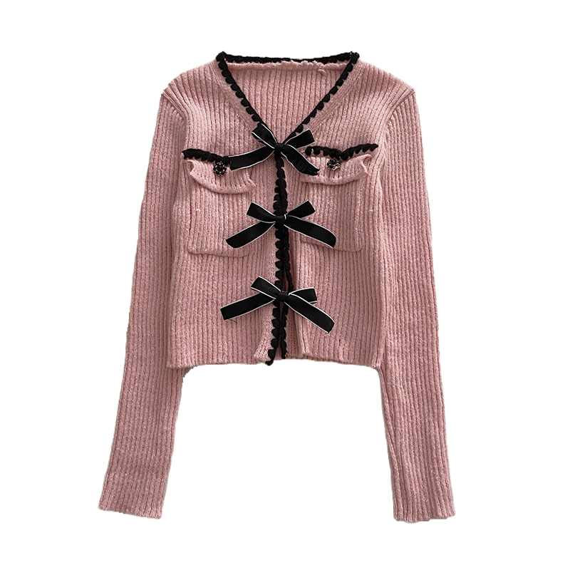 Miiiix Design ispirato papillon Clip Cardigan lavorato a maglia con scollo a v per donna 2024 autunno/inverno nuovo Top corto coreano a maniche lunghe