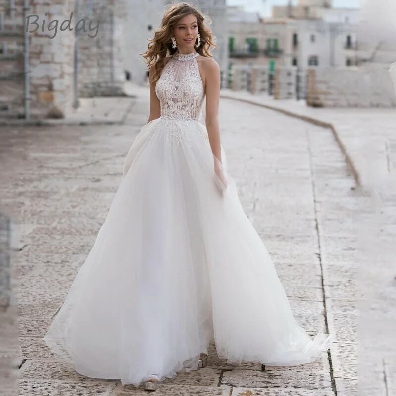 Женское ТРАПЕЦИЕВИДНОЕ свадебное платье It's yiiya, белое кружевное платье без рукавов с лямкой на шее и аппликацией на лето 2024